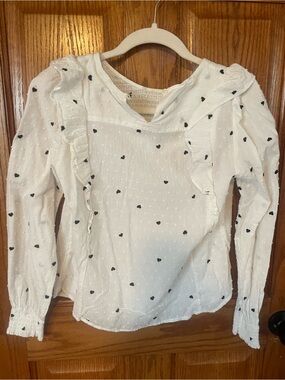LOFT White Blouse with Black Heart Print and Ruffle Trim